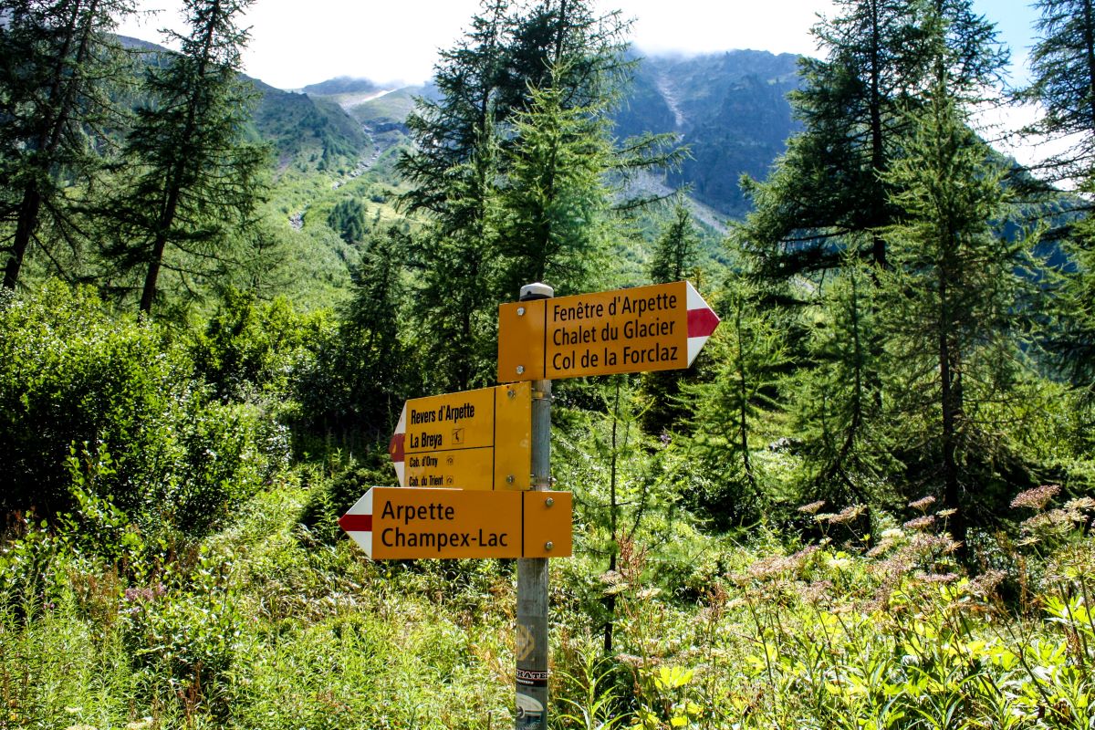 Hiking sign in Champex Lac forest