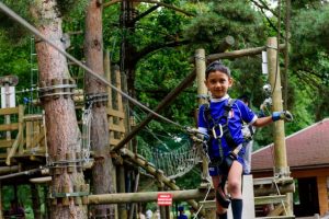 Girl on high ropes course in forest