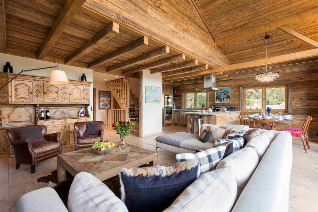Comfy living room in luxury wooden Swiss chalet